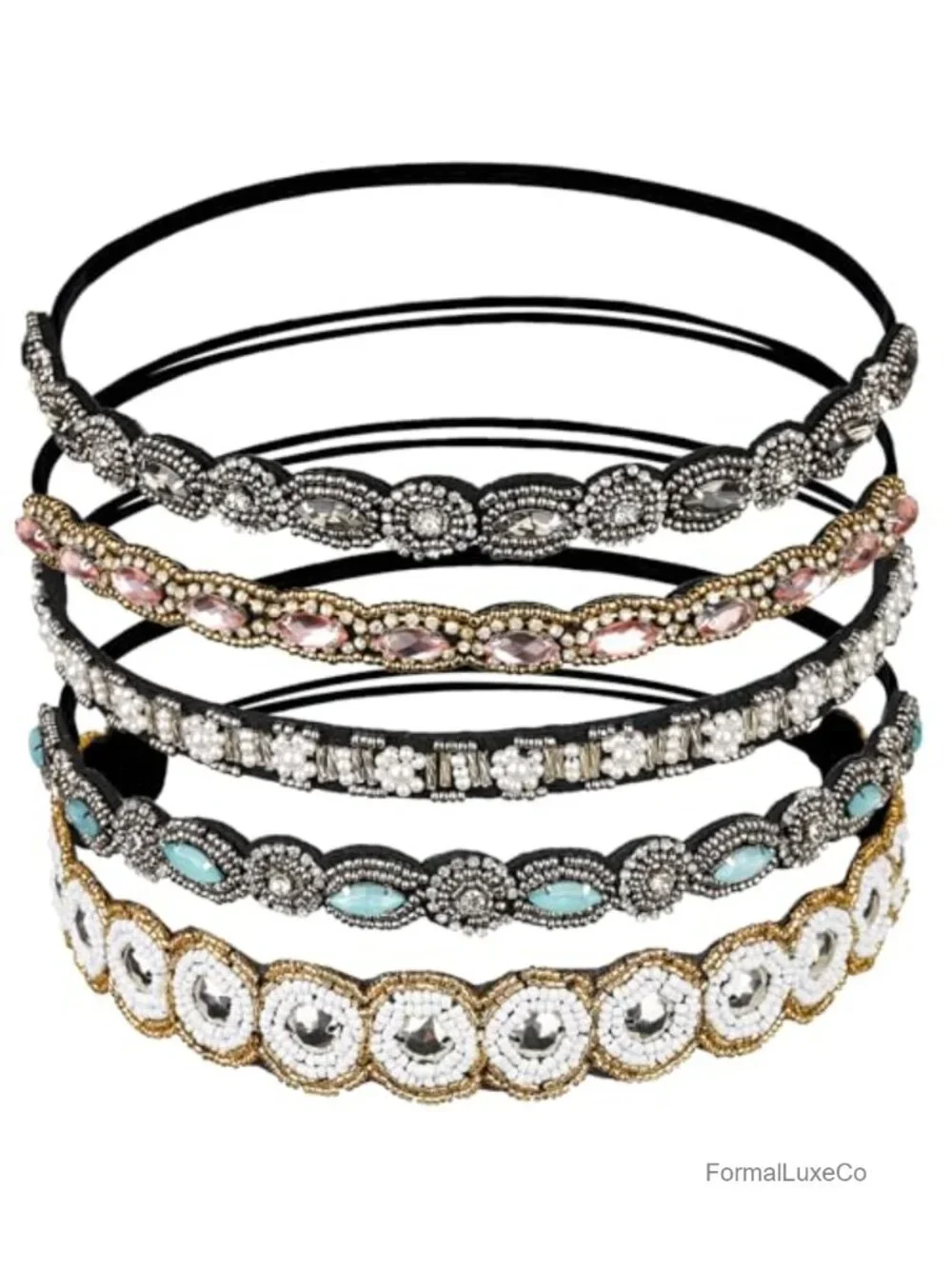5 Rhinestone Beaded Faux Leather Stretchable Elastic Headbands for Women Hair